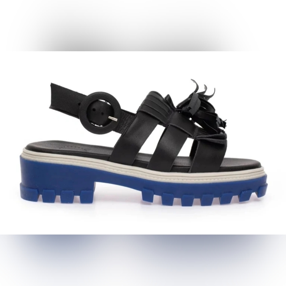 Black Leather Chunky Sandal with Blue Lug Sole